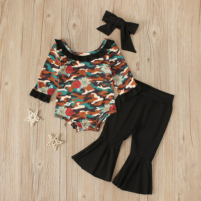 Conjunto Infantil Estilo Militar: Romper Manga Larga, Pantalón Acampanado y Diadema - Image 5