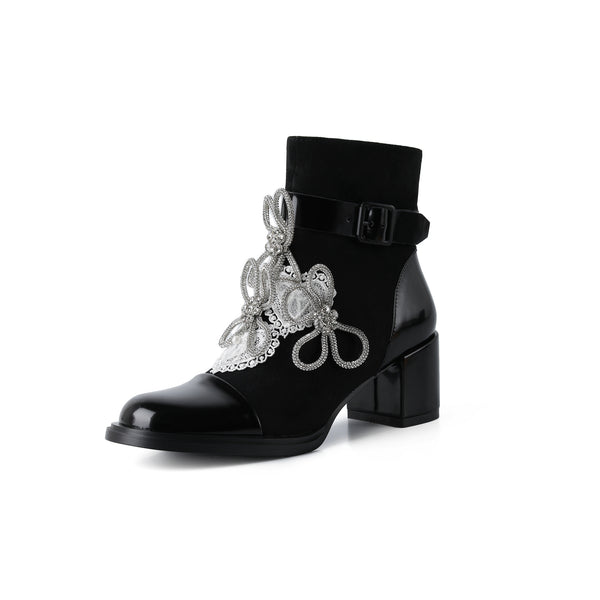 Botines Cortos con Moño de Diamantes y Tacón Grueso - Image 5