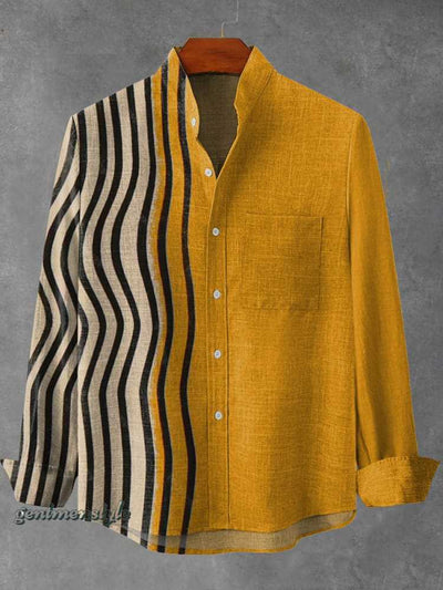 Camisa Manga Larga Cuello Alto con Estampado 3D de Rayas Irregulares para Hombre - Image 5