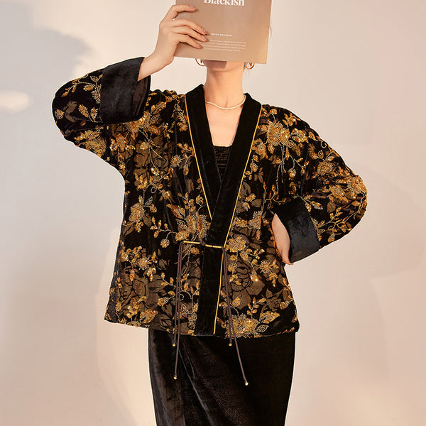 Cardigan Bordado de Lujo Estilo Nacional - Flores Quemadas con Cuentas V-Neck