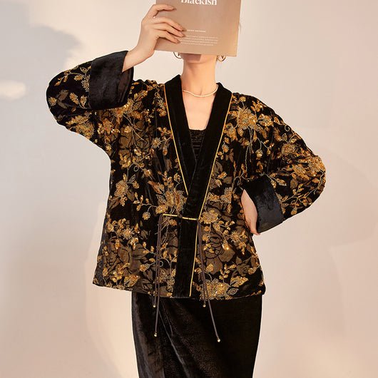 Cardigan Bordado de Lujo Estilo Nacional - Flores Quemadas con Cuentas V-Neck