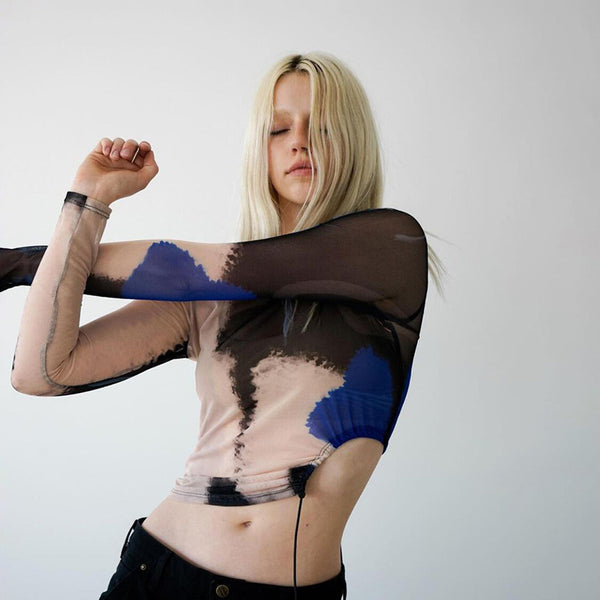 Blusa Manga Larga Cuello Redondo con Diseño Calado Transparente para Mujer