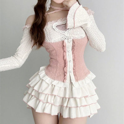 Conjunto de 3 Piezas Bailarina Spandex Pure Desire - Blusa Hombro Descubierto Manga Larga Otoño