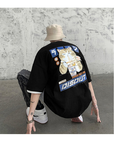 Playera Holgada con Estampa de Gato Estilo Coreano Manga Corta para Hombre - Image 4