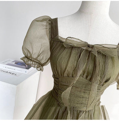Falda Midi Cuello Cuadrado Gris Humo Verde - Elegancia para el Té - Image 2