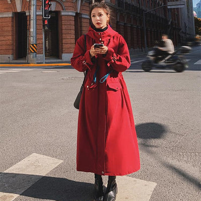 Abrigo Largo Rojo de Algodón con Capucha - Estilo Británico para Mujer