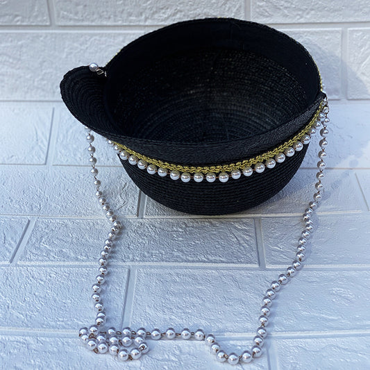 Sombrero de Paja Negro con Cadena de Perlas Artesanal - Image 2