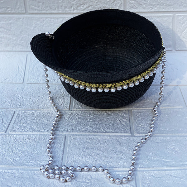 Sombrero de Paja Negro con Cadena de Perlas Artesanal