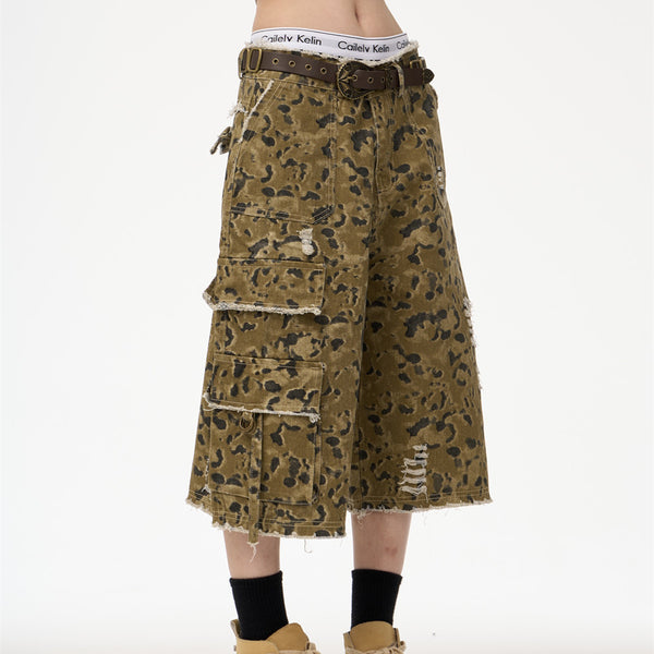 Pantalones Cortos Denim Camuflado Leopardo Estilo Retro Urbano