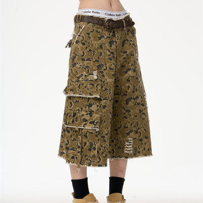 Pantalones Cortos Denim Camuflado Leopardo Estilo Retro Urbano