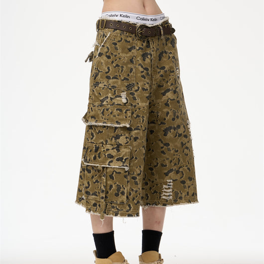 Pantalones Cortos Denim Camuflado Leopardo Estilo Retro Urbano