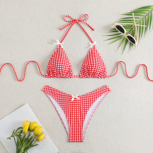 Red and white gingham print bikini swimsuit with a triangle halter top and high-cut bottom, featuring small white bows. - Image 8