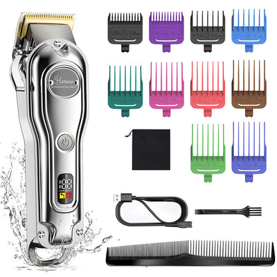 Hatteker professional electric hair clipper with gold blade, LED display, 10 colorful guide combs, USB cable, comb, and cleaning brush. - Image 6