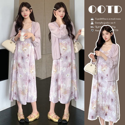 Conjunto Dos Piezas: Vestido Slip Estampado Morado con Cardigan Suave - Image 2