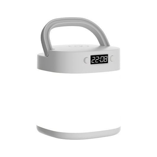 White rechargeable LED table lamp with a digital clock display and a light gray carrying handle. - Image 5