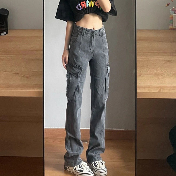 Jeans de Trabajo Gris Vintage con Bolsillos Funcionales para Mujer