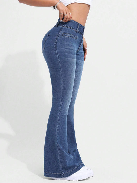 Pantalón Retro Azul Acampanado Tiro Bajo Efecto Denim - Image 12