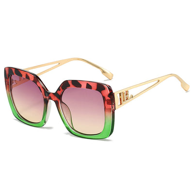 Women's square fashion sunglasses with red and green gradient tortoise shell frames and gradient purple-to-yellow lenses. - Image 9
