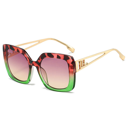 Women's square fashion sunglasses with red and green gradient tortoise shell frames and gradient purple-to-yellow lenses. - Image 9