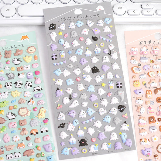 Six sheets of cartoon animal foam particle stickers in various colors and themes, including clouds, food, ghosts, forest animals, and penguins. - Image 3