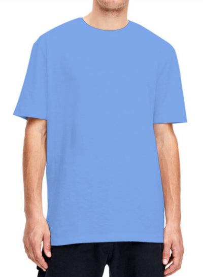 Plain light beige short-sleeved crew neck t-shirt made of cotton, shown on a model. - Image 13