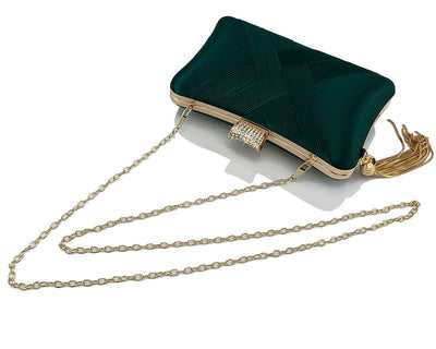 Bolso de Noche Elegante con Cierre Diamante Trenzado y Flecos Metálicos - Image 7