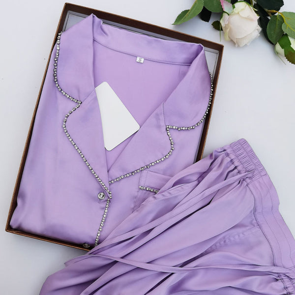 Pijama Dos Piezas de Satén Perlado con Diamantes y Strass para Mujer