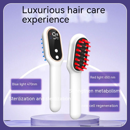White scalp medicine feeder comb with blue and red light therapy, digital display, and massage function. - Image 2