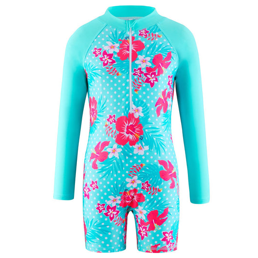 Children's long-sleeve swimsuit with a colorful floral print body and solid pink raglan sleeves, featuring a front zipper. - Image 9