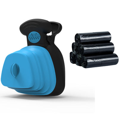 Blue and black foldable pet poop bag dispenser with an integrated scoop, ideal for travel and outdoor use. - Image 6