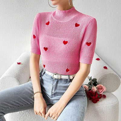 Suéter Tejido Cuello Alto con Corazón Manga Corta para Mujer - Image 4