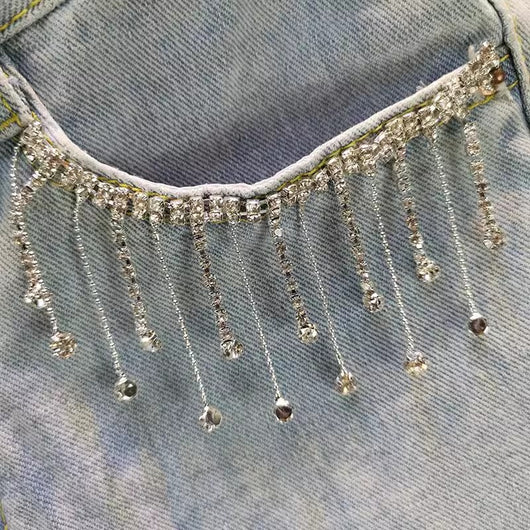 Short Denim Cintura Alta con Brillantes y Flecos - Image 5