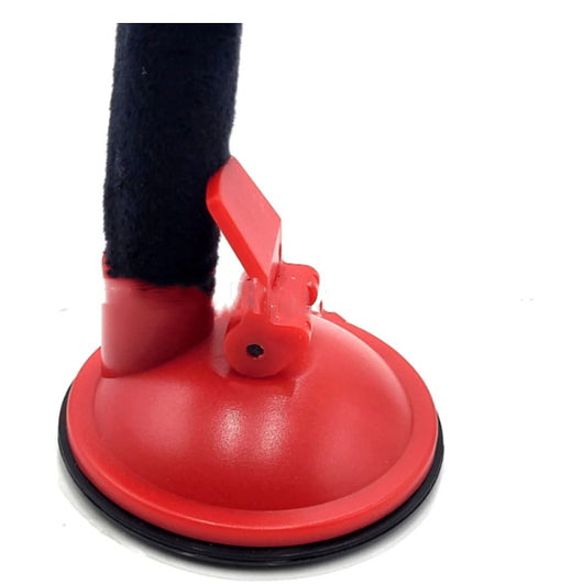 Cat teaser toy with a black elastic cord, mesh bag, and a small red boxing glove, held by a hand showing its suction cup base. - Image 3