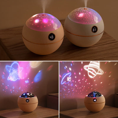 Pink spherical humidifier with a white top, ribbed texture, rose gold band, and a digital display showing 73%. - Image 3