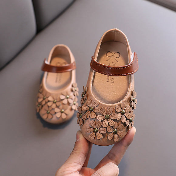 Zapatos de Cuero para Niñas Pequeñas con Flores y Suela Suave
