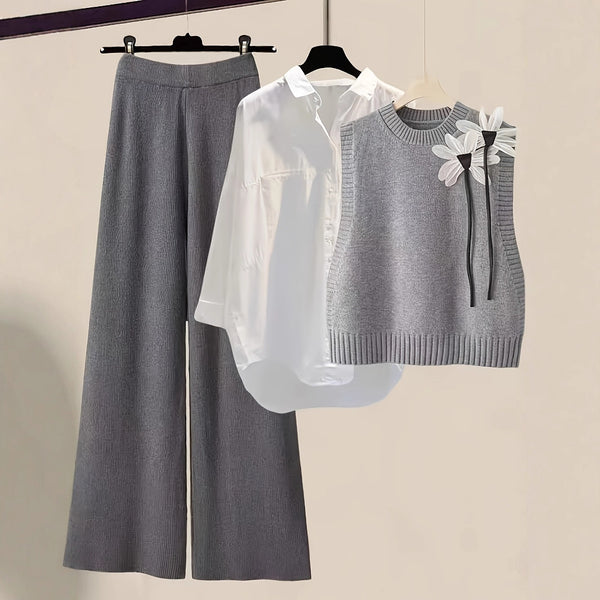 Conjunto de 3 Piezas: Chaleco Tejido con Moño, Camisa y Pantalón Casual