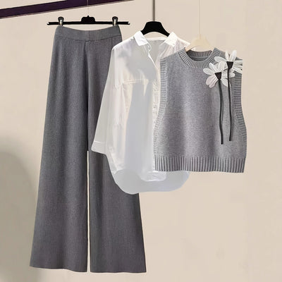 Conjunto de 3 Piezas: Chaleco Tejido con Moño, Camisa y Pantalón Casual