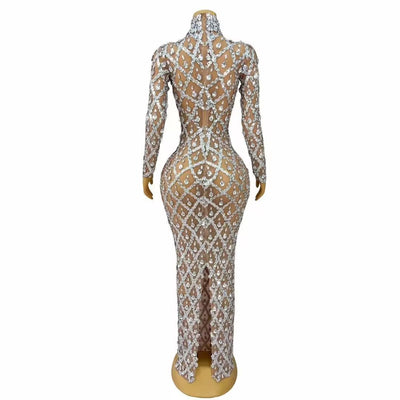 Vestido Largo de Malla Transparente con Cristales Brillantes - Image 13