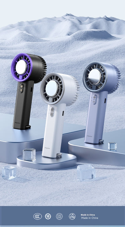 Obsidian black handheld fan with gold accents, digital display, and semiconductor ice cooling for high-speed cool air. - Image 15