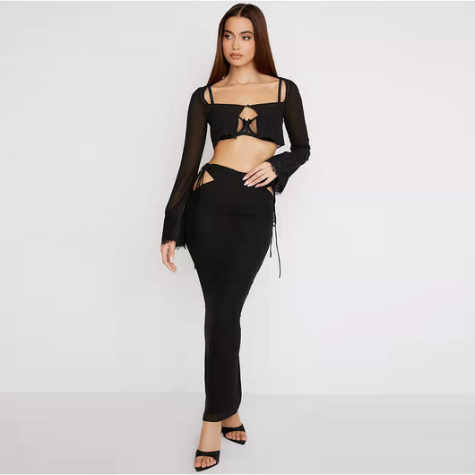 Blusa Cropped de Encaje y Gasa con Cuello Cuadrado y Manga Larga - Image 16