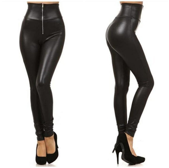 Leggings de Cuero PU Negro Ajustados con Cierre para Mujer