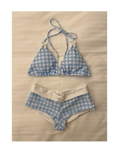 Light blue and white gingham bikini set with a triangle halter top and low-rise boy short bottoms with a small bow. - Image 14
