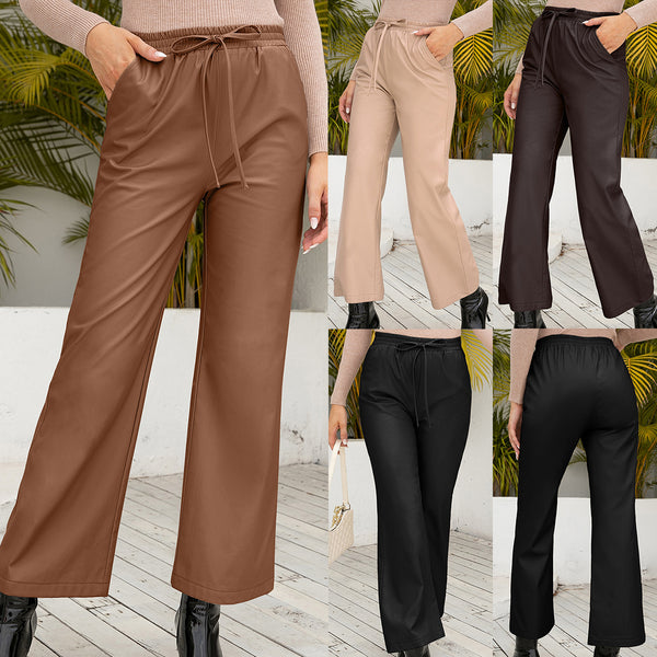 Pantalones de Cuero PU para Motociclista - Cintura Alta Recta Pierna Ancha Mujer