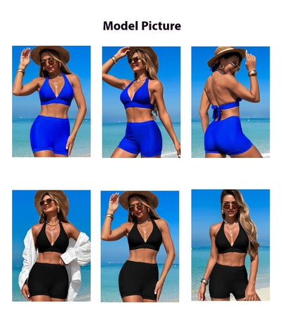 Woman in a hot pink halter neck bikini top and matching high-waisted swim shorts at the beach. - Image 11