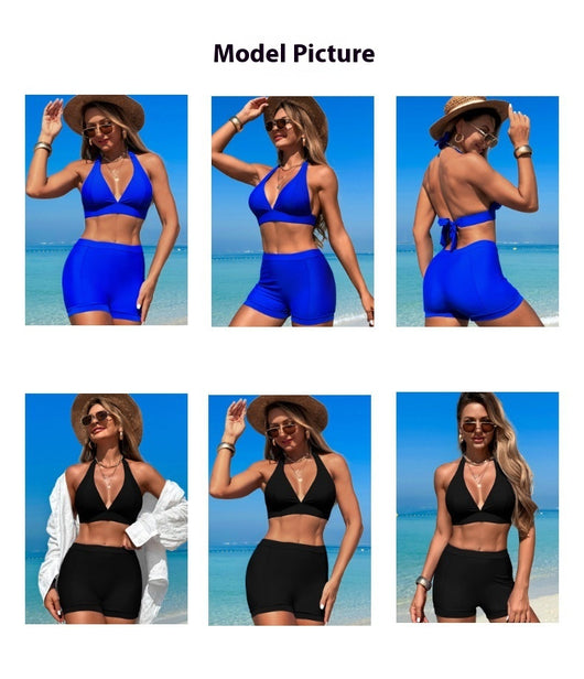 Woman in a hot pink halter neck bikini top and matching high-waisted swim shorts at the beach. - Image 11