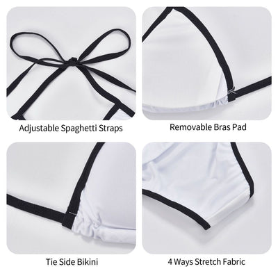 Women's two-piece bikini with a white and light blue diamond pattern, black trim, and tie-side bottoms. - Image 8