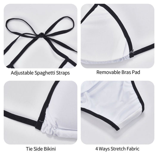 Women's two-piece bikini with a white and light blue diamond pattern, black trim, and tie-side bottoms. - Image 8