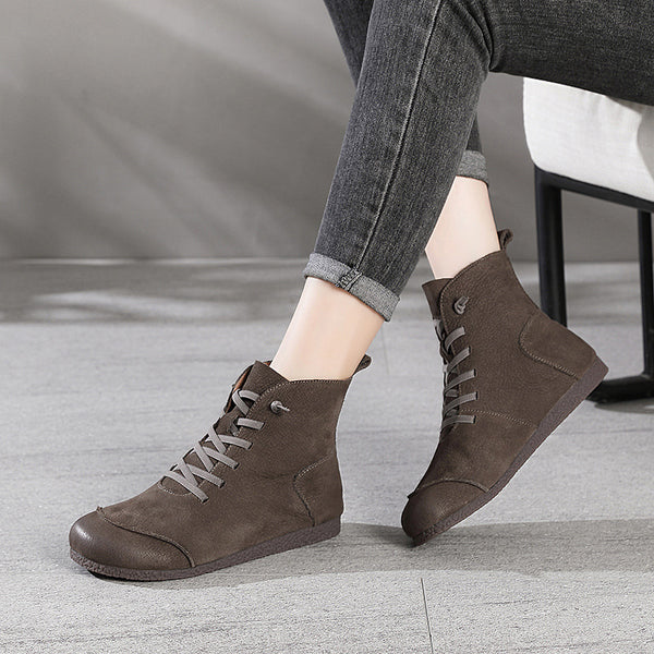 Botas Retro de Cuero con Caña Alta y Costura Decorativa para Mujer