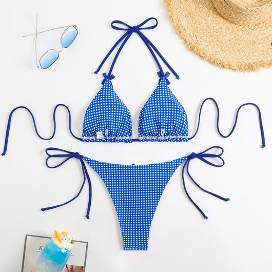 Blue and white gingham plaid bikini swimsuit with triangle top and thong bottom, featuring white tie straps and bows. - Image 15