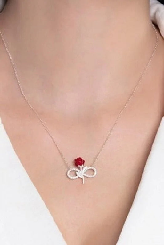Collar de Plata Infinito con Rosa Roja y Piedra Blanca - Image 2